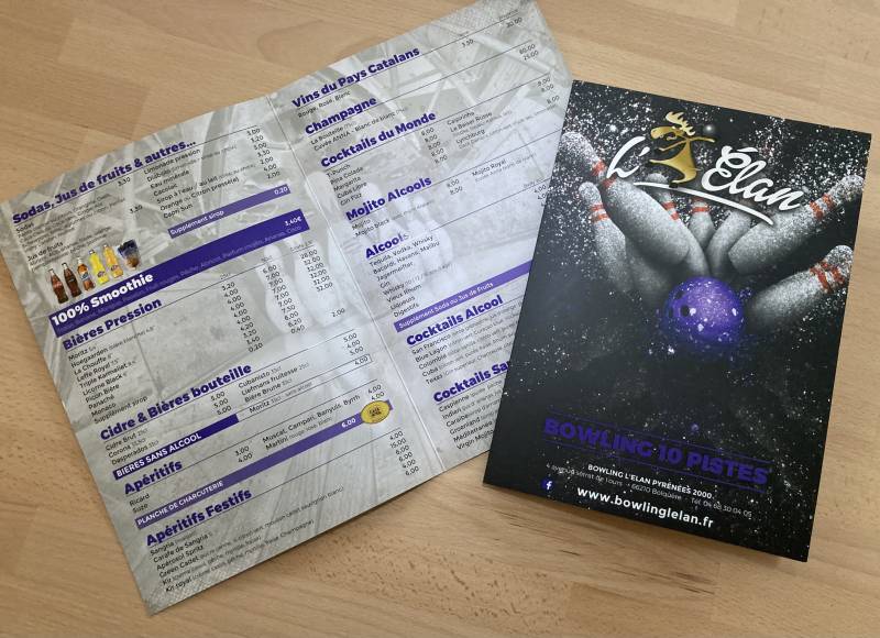 Carte Bar format A4 2 volets avec vernis selectif pour Brasserie à Bolquère 66 (Pyrénées 2000)