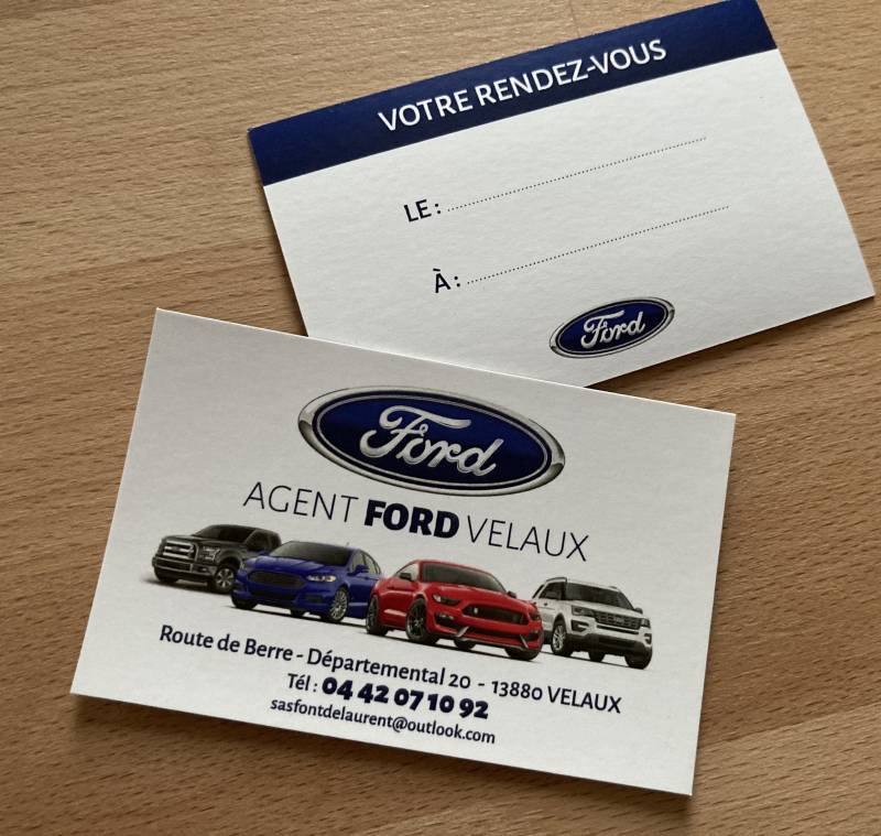 Carte de visite traditionnelle sur papier 350gr et pelliculage mat pour concessionnaire voitures FORD à Velaux 13