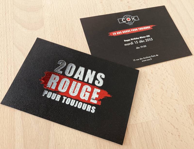 Carton de voeux A5 avec revêtement cuir au recto et marquage à chaud pour Restaurant anniversaire à Lyon 69