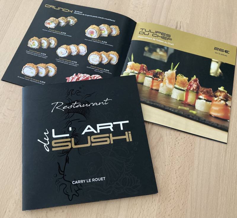 Catalogue de sushi avec vernis sélectif pour menu de restaurant japonais à Courbevoie 90