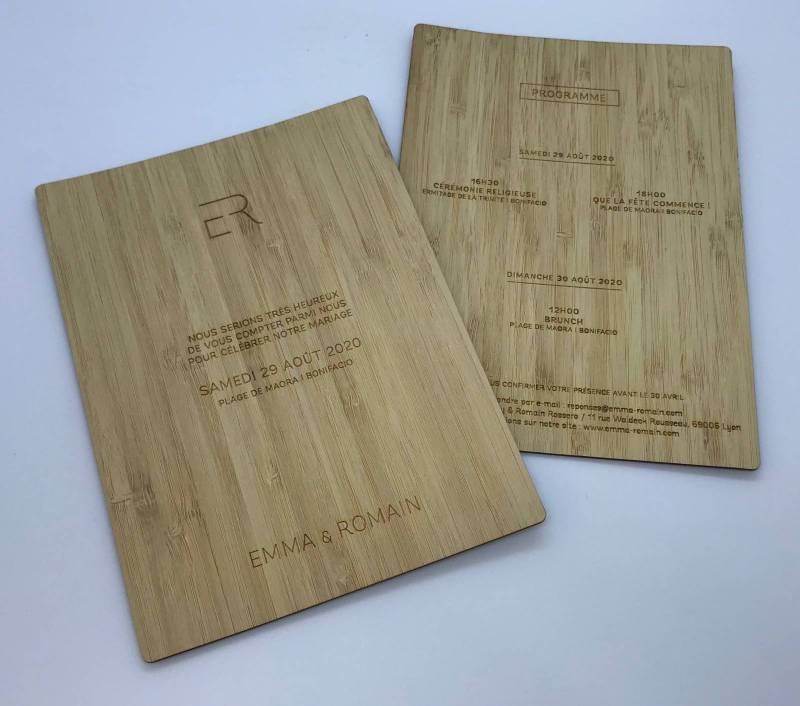 Faire part de mariage en Bambou avec gravure laser pour evenement a Lyon 69