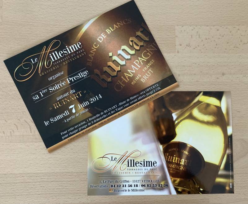 Flyer épais 350 gr et pelliculage brillant pour soirée Champagne au restaurant Millésime à Vitrolles 13