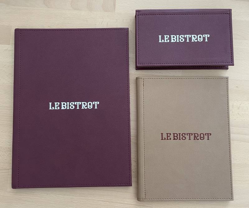 Porte menu et carte boissons et boite addition en simili cuir grainé pour restaurant italien à Rennes 35000