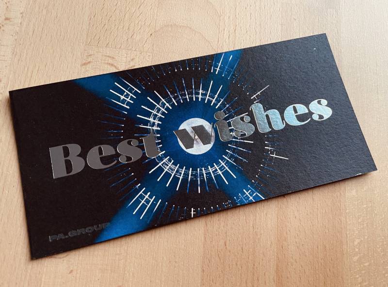 carte de voeux en papier coton 600gr avec impression quadri et marquage à chaud argent pour société évènementielle à Vitry sur Seine 94